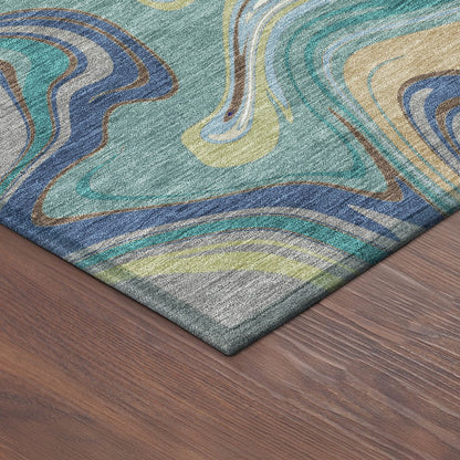 9' X 12' Teal Blue Gold And Ivory Abstract Washable Indoor Outdoor Area Rug