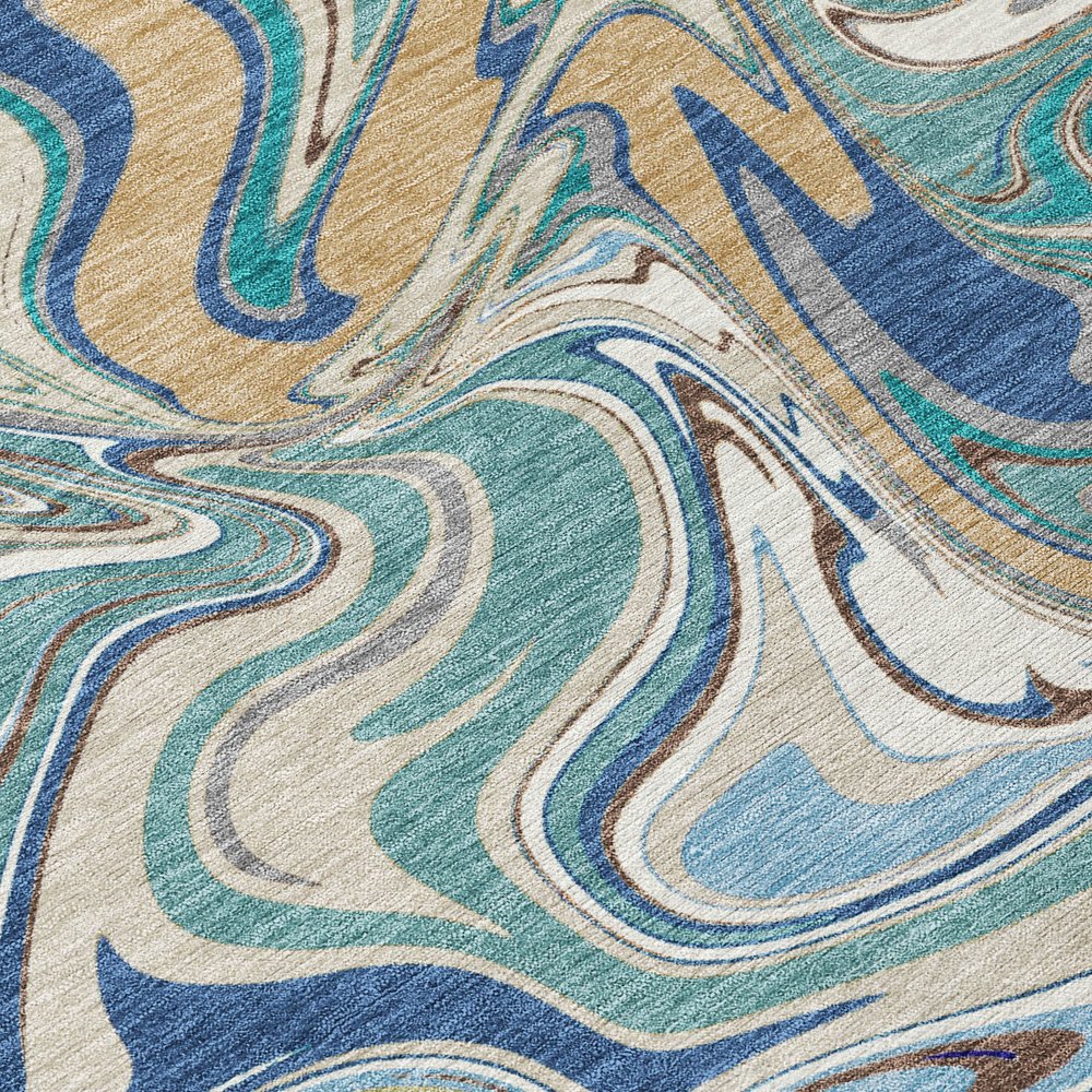 9' X 12' Teal Blue Gold And Ivory Abstract Washable Indoor Outdoor Area Rug