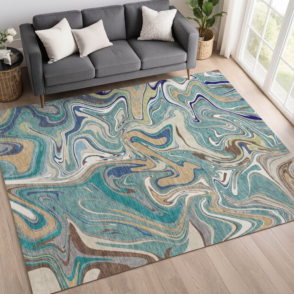 9' X 12' Teal Blue Gold And Ivory Abstract Washable Indoor Outdoor Area Rug
