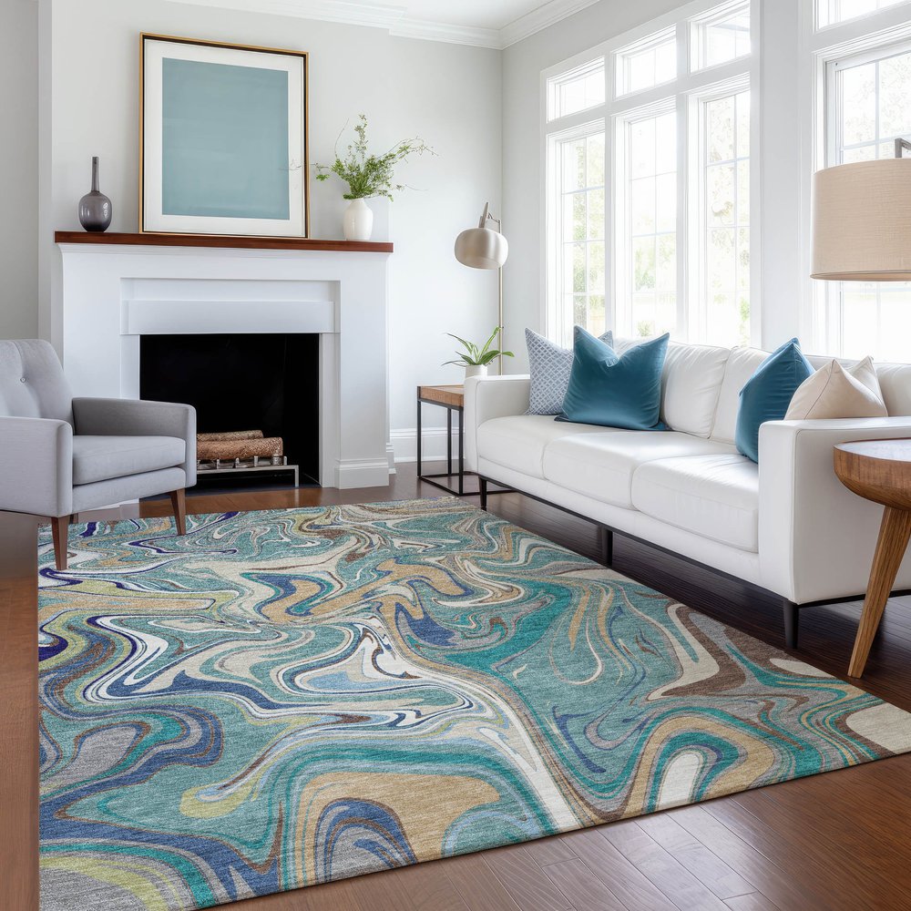 9' X 12' Teal Blue Gold And Ivory Abstract Washable Indoor Outdoor Area Rug