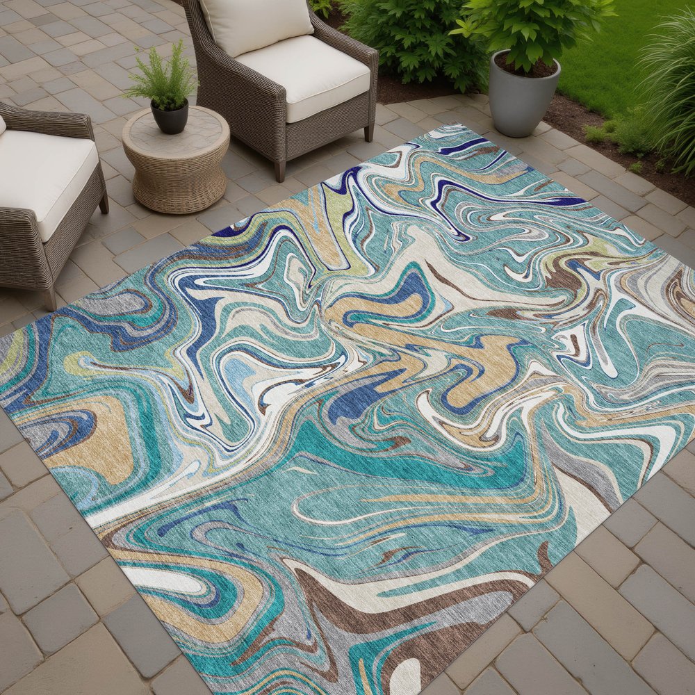 9' X 12' Teal Blue Gold And Ivory Abstract Washable Indoor Outdoor Area Rug