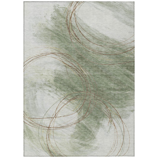 10' X 14' Artichoke Green Ivory And Brown Abstract Washable Indoor Outdoor Area Rug