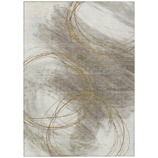 9' X 12' Khaki Ivory And Brown Abstract Washable Indoor Outdoor Area Rug