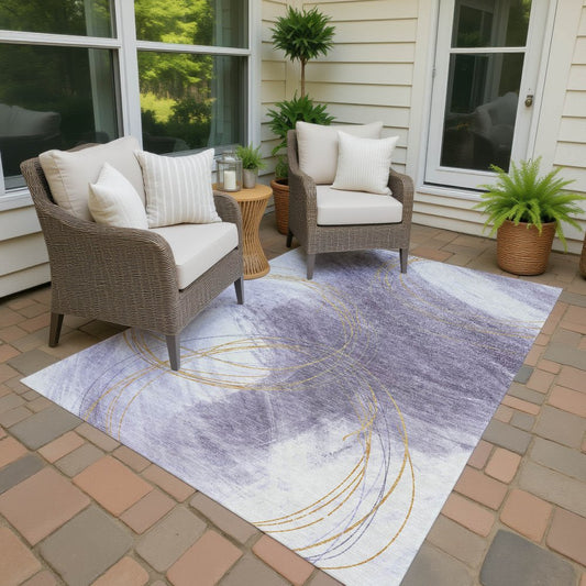 9' X 12' Purple Gold And Ivory Abstract Washable Indoor Outdoor Area Rug