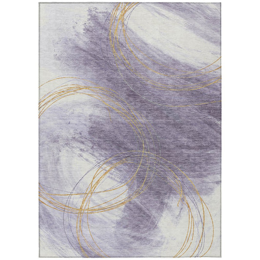 9' X 12' Purple Gold And Ivory Abstract Washable Indoor Outdoor Area Rug