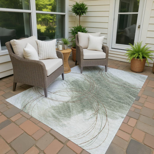 9' X 12' Sage Brown And Ivory Abstract Washable Indoor Outdoor Area Rug