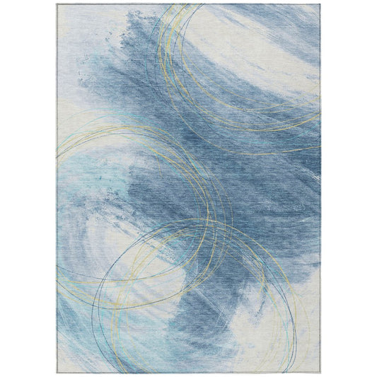 9' X 12' Sky Blue Gold And Ivory Abstract Washable Indoor Outdoor Area Rug