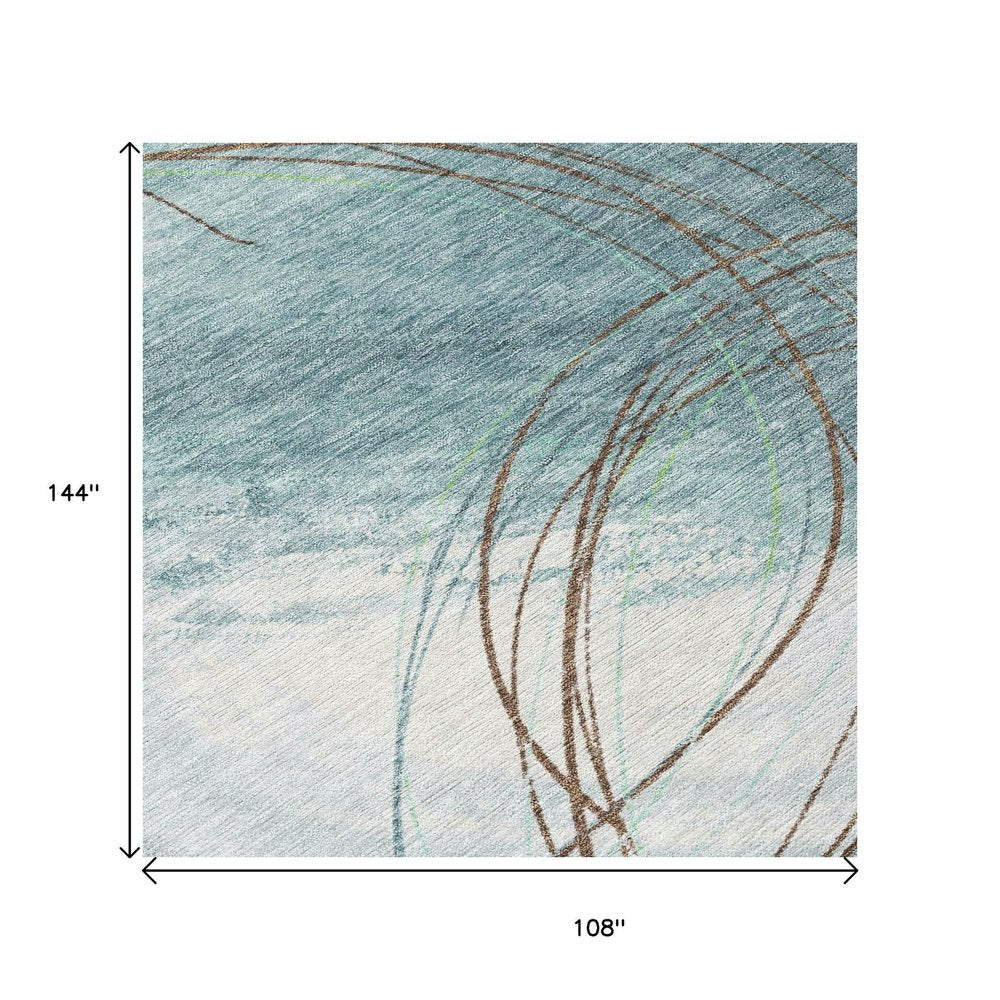 9' X 12' Teal Blue Brown And Ivory Abstract Washable Indoor Outdoor Area Rug