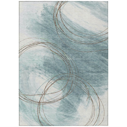 9' X 12' Teal Blue Brown And Ivory Abstract Washable Indoor Outdoor Area Rug