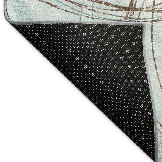 9' X 12' Teal Blue Brown And Ivory Abstract Washable Indoor Outdoor Area Rug
