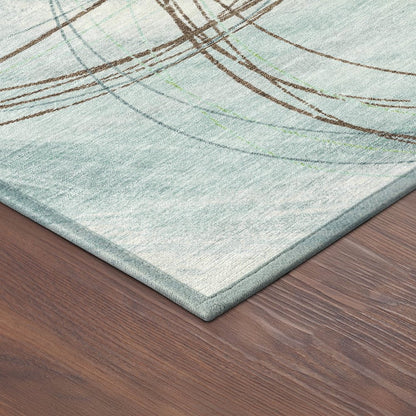 9' X 12' Teal Blue Brown And Ivory Abstract Washable Indoor Outdoor Area Rug