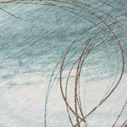 9' X 12' Teal Blue Brown And Ivory Abstract Washable Indoor Outdoor Area Rug