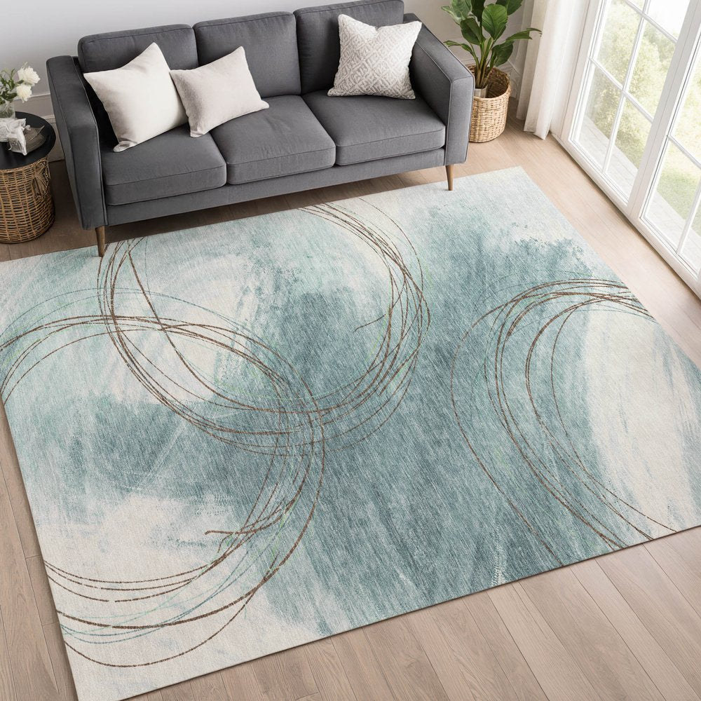 9' X 12' Teal Blue Brown And Ivory Abstract Washable Indoor Outdoor Area Rug
