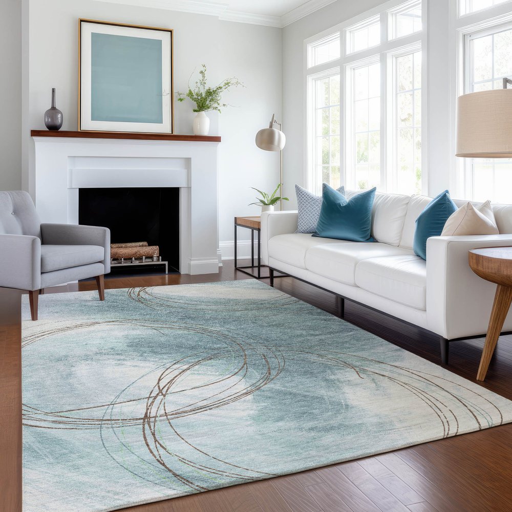 9' X 12' Teal Blue Brown And Ivory Abstract Washable Indoor Outdoor Area Rug