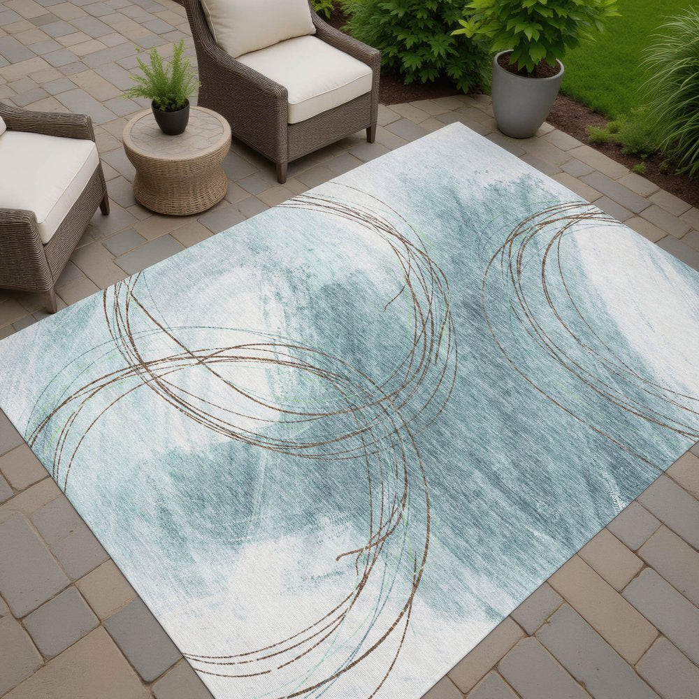 9' X 12' Teal Blue Brown And Ivory Abstract Washable Indoor Outdoor Area Rug