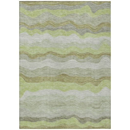 10' X 14' Artichoke Green Taupe And Beige Striped Washable Indoor Outdoor Area Rug