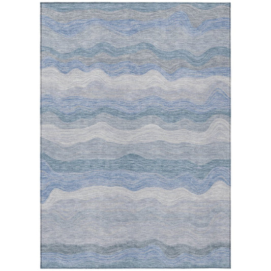10' X 14' Denim Blue Ivory And Gray Striped Washable Indoor Outdoor Area Rug