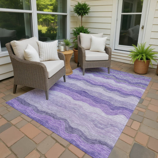 9' X 12' Purple And Plum Striped Washable Indoor Outdoor Area Rug