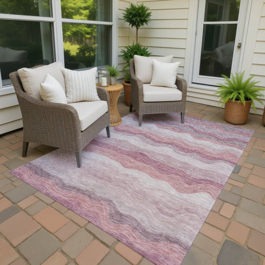 9' X 12' Salmon Peach And Beige Striped Washable Indoor Outdoor Area Rug