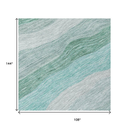 9' X 12' Teal Blue Silver And Gray Striped Washable Indoor Outdoor Area Rug