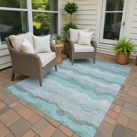 9' X 12' Teal Blue Silver And Gray Striped Washable Indoor Outdoor Area Rug