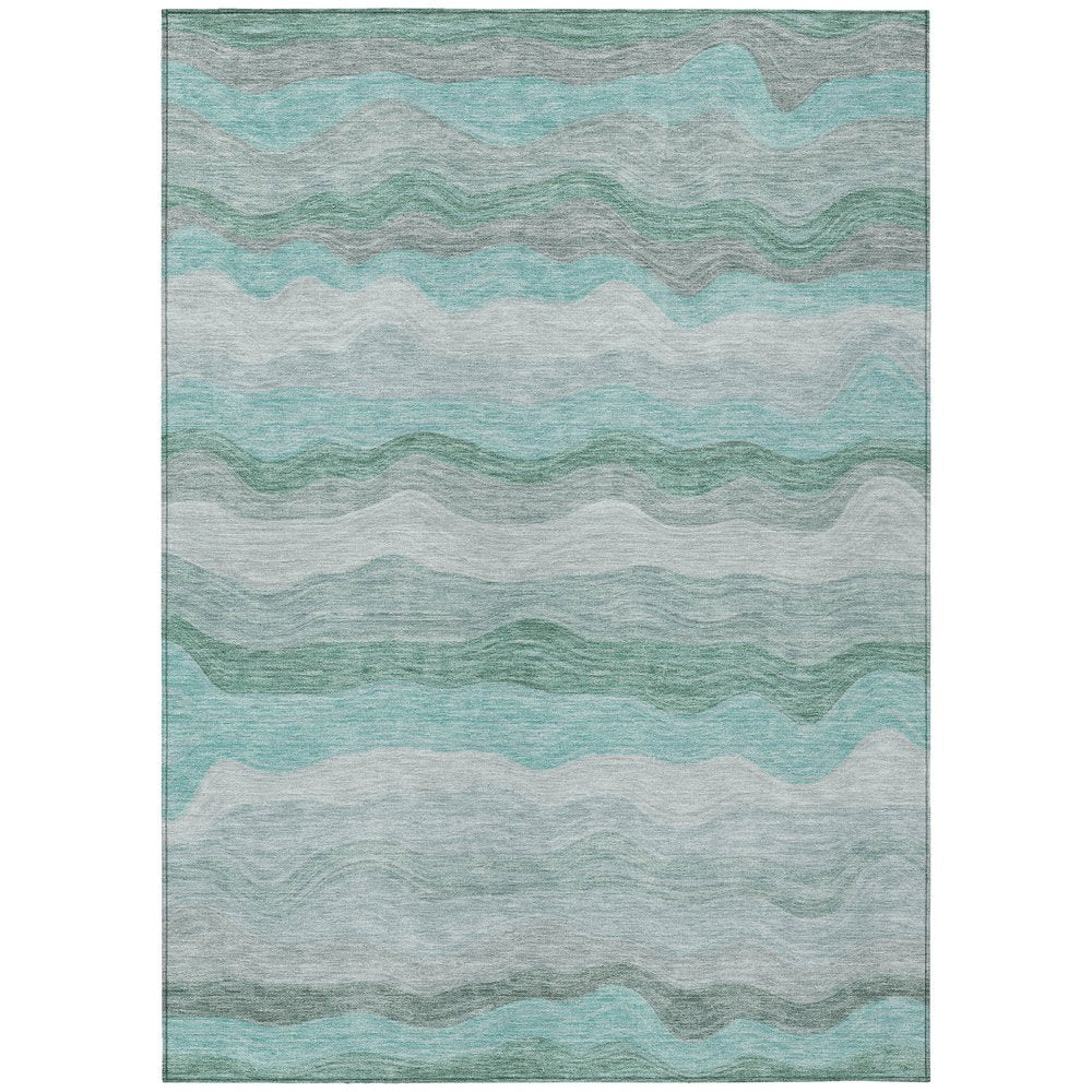 9' X 12' Teal Blue Silver And Gray Striped Washable Indoor Outdoor Area Rug