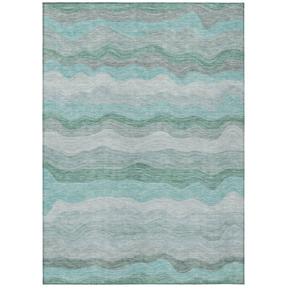 9' X 12' Teal Blue Silver And Gray Striped Washable Indoor Outdoor Area Rug