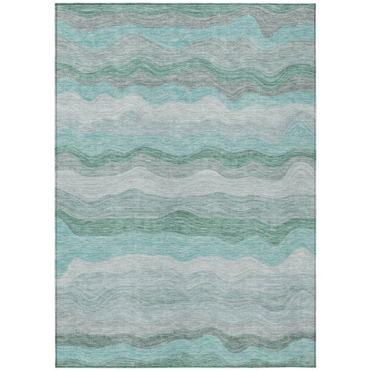 9' X 12' Teal Blue Silver And Gray Striped Washable Indoor Outdoor Area Rug