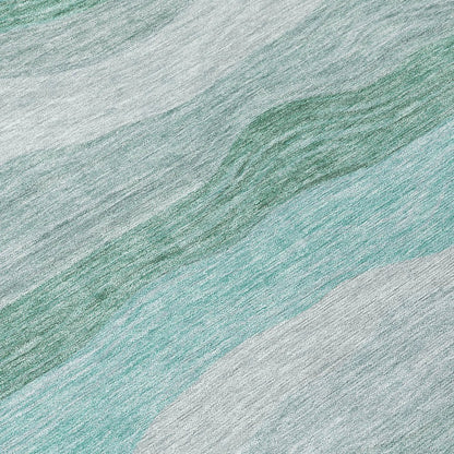 9' X 12' Teal Blue Silver And Gray Striped Washable Indoor Outdoor Area Rug