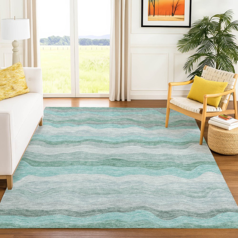 9' X 12' Teal Blue Silver And Gray Striped Washable Indoor Outdoor Area Rug