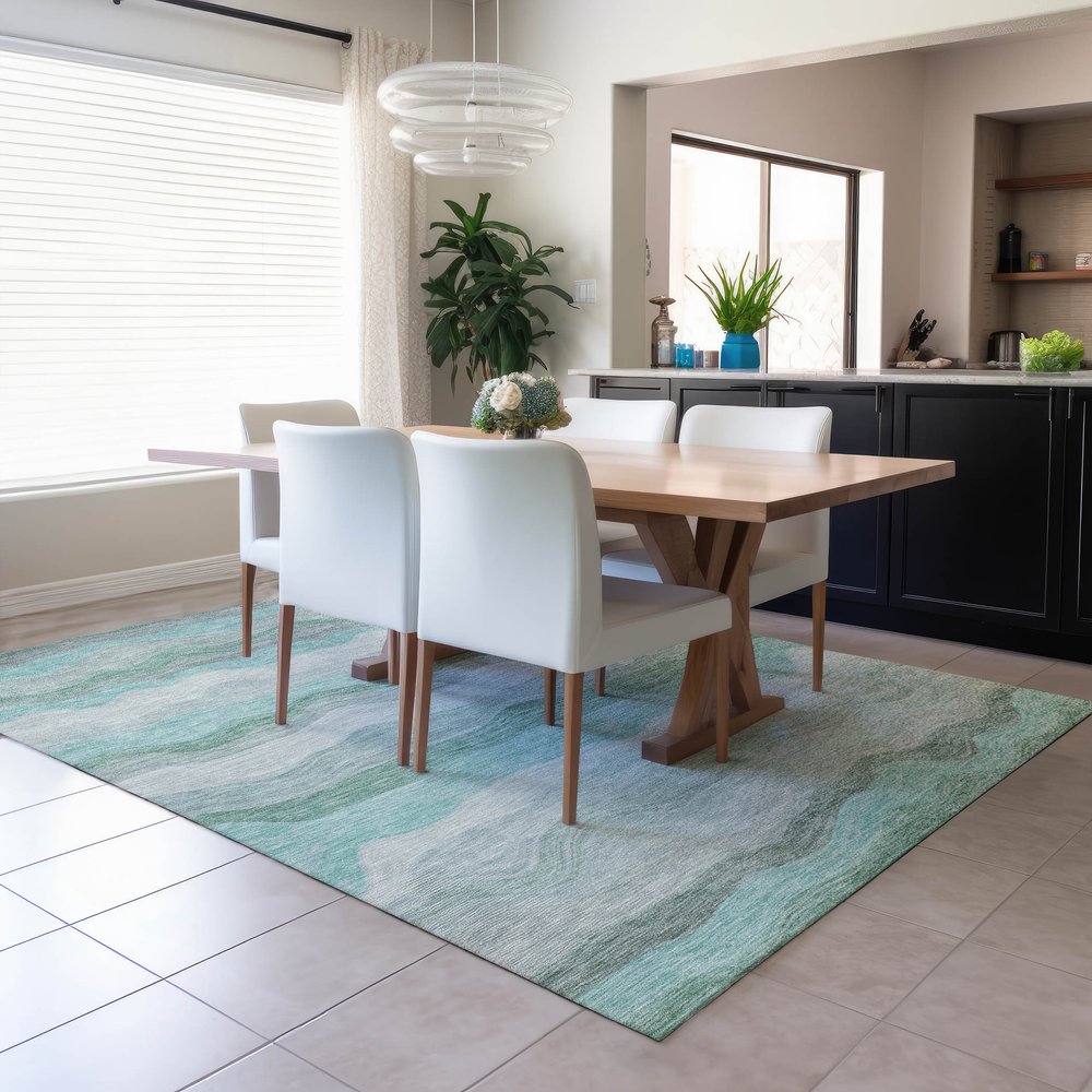 9' X 12' Teal Blue Silver And Gray Striped Washable Indoor Outdoor Area Rug