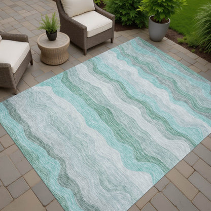 9' X 12' Teal Blue Silver And Gray Striped Washable Indoor Outdoor Area Rug