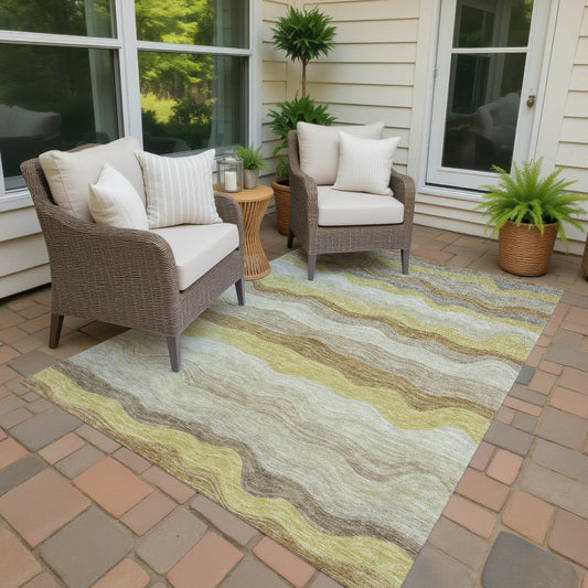 9' X 12' Wheat Khaki And Beige Striped Washable Indoor Outdoor Area Rug