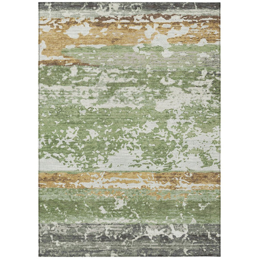 10' X 14' Artichoke Green Gold And Pewter Striped Washable Indoor Outdoor Area Rug