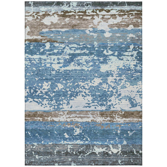 10' X 14' Blue Ivory And Brown Striped Washable Indoor Outdoor Area Rug