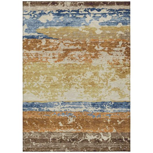 10' X 14' Gold Blue And Rust Striped Washable Indoor Outdoor Area Rug