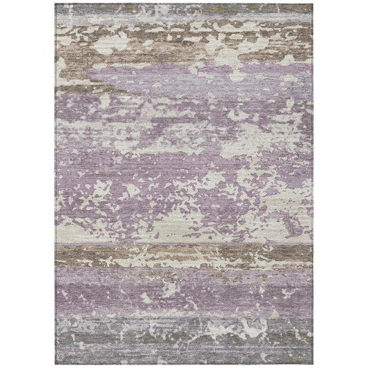 9' X 12' Lavender Ivory And Beige Striped Washable Indoor Outdoor Area Rug