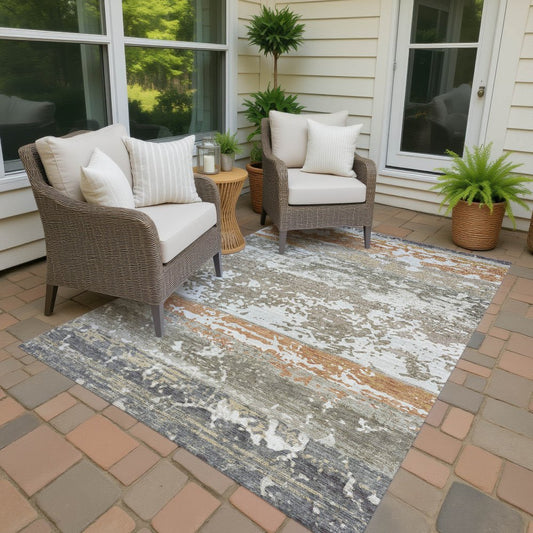 9' X 12' Taupe Copper And Ivory Striped Washable Indoor Outdoor Area Rug