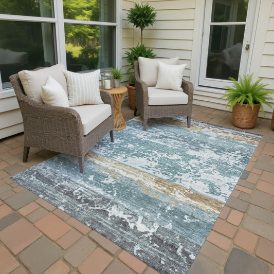 9' X 12' Teal Blue Ivory And Khaki Striped Washable Indoor Outdoor Area Rug