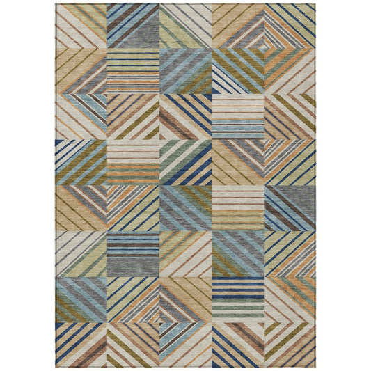 9' X 12' Beige Brown And Blue Patchwork Washable Indoor Outdoor Area Rug