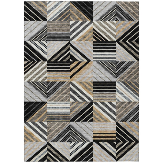 10' X 14' Black Gray And Khaki Patchwork Washable Indoor Outdoor Area Rug