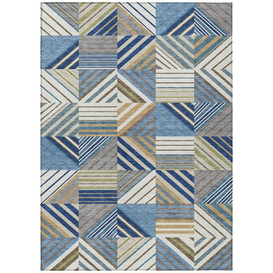 9' X 12' Denim Blue Ivory And Brown Patchwork Washable Indoor Outdoor Area Rug
