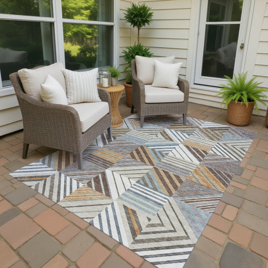 9' X 12' Taupe Brown And Blue Patchwork Washable Indoor Outdoor Area Rug