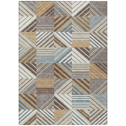 9' X 12' Taupe Brown And Blue Patchwork Washable Indoor Outdoor Area Rug