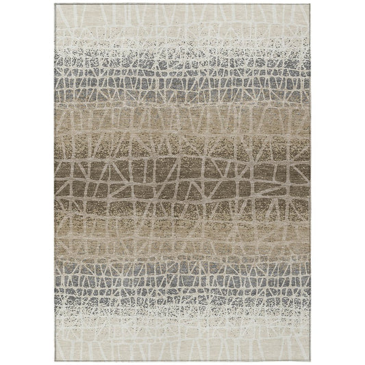 10' X 14' Ivory Brown And Beige Geometric Washable Indoor Outdoor Area Rug