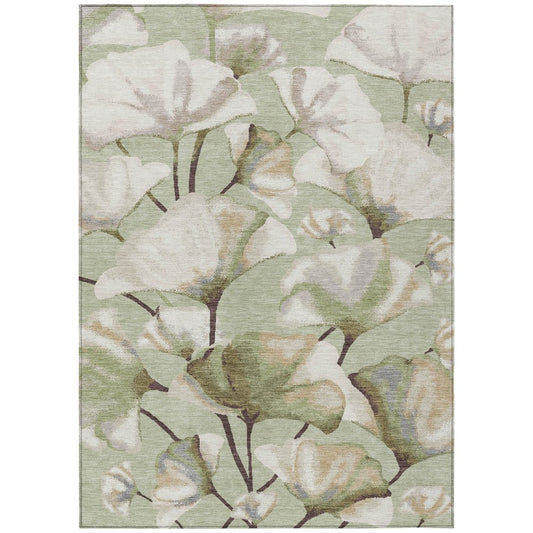 10' X 14' Lime Green Ivory And Beige Botanical Leaves Washable Indoor Outdoor Area Rug