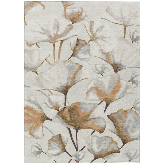 9' X 12' Copper Ivory And Beige Botanical Leaves Washable Indoor Outdoor Area Rug