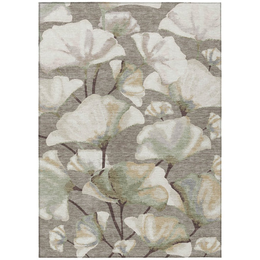 9' X 12' Taupe Ivory And Beige Botanical Leaves Washable Indoor Outdoor Area Rug