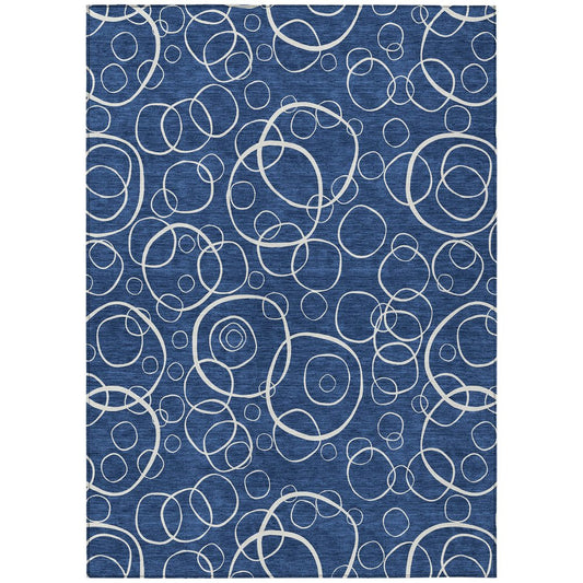 9' X 12' Navy Blue And Ivory Geometric Washable Indoor Outdoor Area Rug