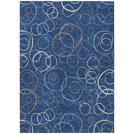 10' X 14' Navy Blue Ivory And Brown Geometric Washable Indoor Outdoor Area Rug